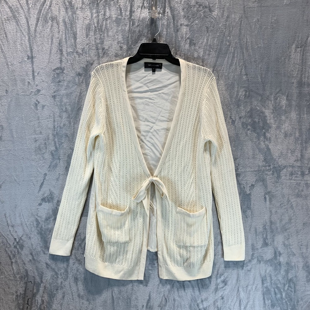 St. John Women's Cardigan Sweater Tie Front Cream Ivory M Wool Silk Old Money